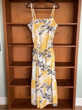 Tropical Pineapple Print Cotton Maxi Dress Belted Ruffle Hem Cottagecore XXL
